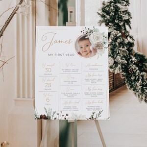 Modern 1st birthday milestone poster baby stats, winter baby&#39;s first year milestone board template, one year photo milestone board - C86
