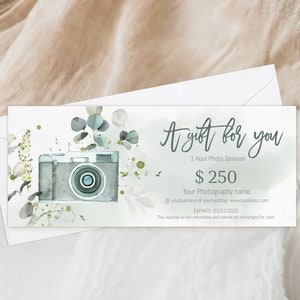 Modern editable gift certificate template photography, printable marketing certificate, photography gift voucher, photo session voucher card