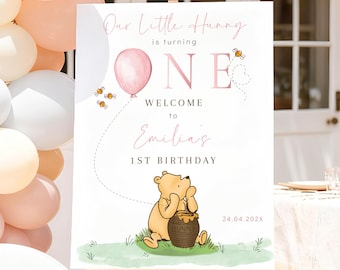 Winnie the pooh girl 1st birthday welcome sign, winnie 1st birthday party welcome poster pink decor, classic winnie the pooh welcome -C538-g
