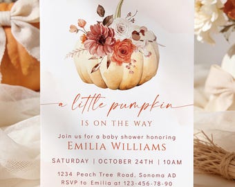 Fall flowers baby shower invitation printable, a little pumpkin on the way baby shower invitation, orange floral baby shower invite - C330
