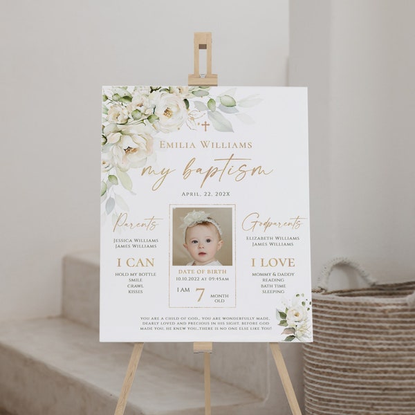 My baptism milestone with photo, floral baptism milestone sign template, girl baptism decorations poster, green baptism chalkboard sign-C195