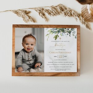 Invitaciones primer cumpleaños del para bautizos, invitación bautizo niño, greenery christening photo baptism spanish invitation religios