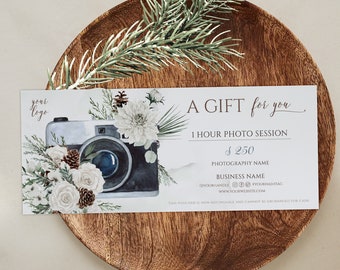 Editable winter photography gift certificate template, holiday photo session gift card Xmas, modern photographer gift certificate mininalist