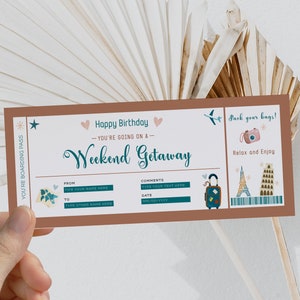 Weekend getaway ticket template, weekend away trip gift ticket, pack your bags, surprise getaway gift vacation ticket, birthday trip away