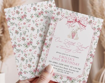 Girl Floral Second Birthday Invitation Template Our Little Lamb Is Turning Two Invite - C912-g