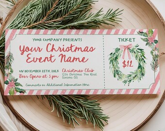 Evergreen Wreath Show Floral Xmas Holiday Event Ticket Template: Pink Christmas Gift Concert Boarding Pass