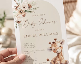 Giraffe baby shower invitation template, boho arch floral giraffe baby shower invite, gender neutral biraffe baby shower invite card - C563