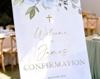 Blue Floral Boy Confirmation Welcome Poster Printable Elegant Gold Baptism Decor - C35