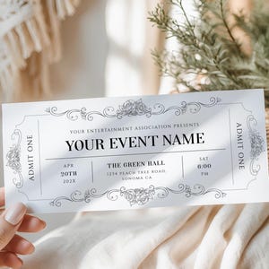 Puede incluir: Un boleto de evento rectangular blanco con texto negro y bordes de volutas florales. El boleto muestra el texto Your Entertainment Association Presents, Your Event Name, Apr 20th 202X, The Green Hall, 1234 Peach Tree Road, Sonoma CA, Sat 6:00 PM y Admit One.