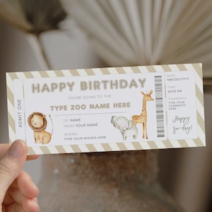 Zoo printable ticket, happy birthday Zoo gift voucher template DIY, surprise trip to the Zoo, Zoo trip ticket voucher, Zoo Visit Safari trip