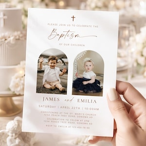 Neutral baptism invitation with photo, minimalistic baptism twins invitation, baptism invitation template, girl boy christening invite -C212