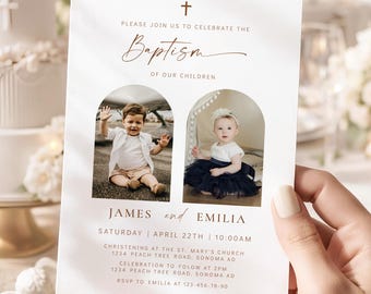 Neutral baptism invitation with photo, minimalistic baptism twins invitation, baptism invitation template, girl boy christening invite -C212