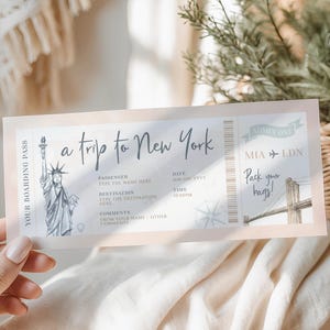 New York birthday gift boarding pass, printable airline ticket template, surprise trip ticket travel New York, boarding pass gift voucher