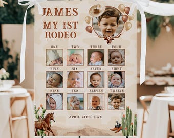 Cowboy birthday baby's first year photo collage, 1st birthday photo collage sign 12 month photo board, rodeo first year photo poster - C414