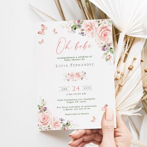 Floral baby shower invitation spanish printable, baby shower de niña, hola bebe baby shower, invitacion para baby shower en español - C178