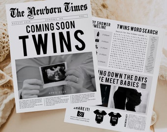 Twins newspaper baby shower, newspaper pregnancy announcement editable, gender  newspaper invitation, twin baby shower announcement program