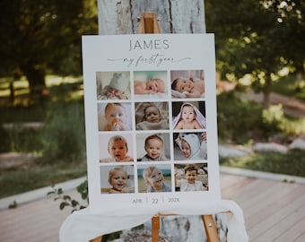 Minimalist first year board template, minimalist 1st birthday photo collage sign, birthday first year editable, year in pictures board