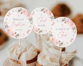 Baptism cupcake toppers printable, baptism girl cupcake toppers christening, blush pink floral baptism decor, religious cupcake toppers-C178