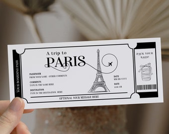 Paris surprise boarding pass, printable airline ticket template, boarding pass gift voucher, surprise trip ticket, special event trip gift