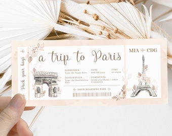 Paris surprise boarding pass, printable airline ticket template, boarding pass gift voucher, surprise trip ticket, special event trip gift