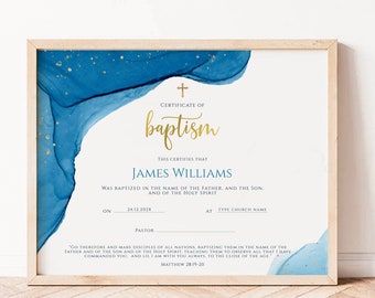 Blue gold baptism certificate certificate printable, baptism gift baby christening certificate, religious certificate of baptism gift boy