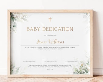 Gold greenery baby dedication certificate template, greenery baptism certificate printable, baptism gift modern baby christening certificate