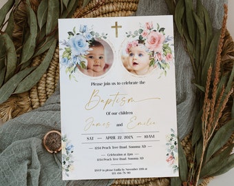 Baptism invitation twins, girl and boy baptism invitation with photo template, eucalyptus baptism editable, twin christening invitation - C6