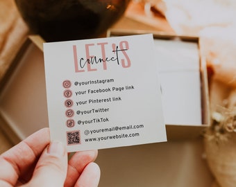 Social media card template DIY, connect with us cards, QR code business card square, follow us on social media, follow me package inserts