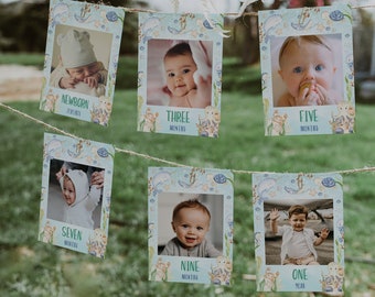 Editable under the sea monthly photo banner, ocean party decoration first year photos, ocean animals 1st birthday photo display banner -C127