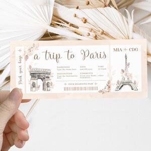 Paris surprise boarding pass, printable airline ticket template, boarding pass gift voucher, surprise trip ticket, special event trip gift