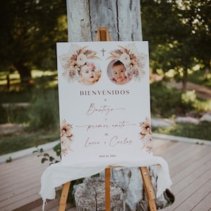 Bohemio bienvenida bautizo y primer añito para imprimir con una foto, boho spanish twins welcome sign boy gilr with photo printable - C164