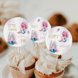 Little mermaid under the sea birthday cupcake toppers printable, mermaid purple gold decor b-day party cupcake labels, sea cake toppers-C513