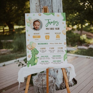 Photo boy first year milestone board printable, dinosaurs first birthday milestone poster, first birthday chalkboard sign with photo - C269
