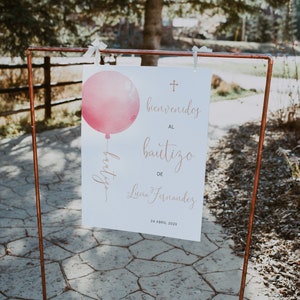 Bienvenidos a bautizo sign religious welcome sign, pink bautizo niña editable baner, spanish welcome sign pink balloon first communion -C132