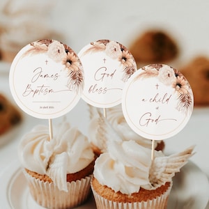 Bohemian Cupcake Topper, Baptism Cupcake Toppers Printable, Christening ...