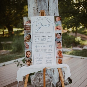 My first year photos milestone board template, boho arch first year collage & milestone poster for a boy, 1st b-day collage milestone sign