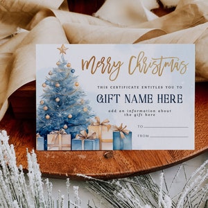 Editable merry christmas gift certificate template, blue gold gift certificate cozy christmas gift card, winter small business Xmas card