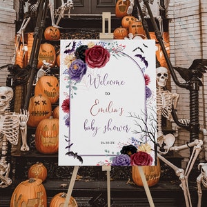 Halloween girl baby shower welcome sign printable, gender neutral halloween welcome sign, gothic baby shower, spooky fall welcome sign -C219
