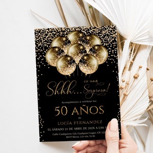 Spanish 50th birthday surprise invitation printable, Invitación de 50 años mujer, any ages adult birthday invitation, black bday invite