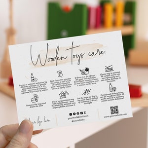 Wooden toy care card template, child toys brending, montessori toys care guide, printable toys care instructions, educational toys care card
