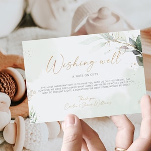 Greenery wishing well card baptism and first birthday template, green gold christening 1st birthday request cards insert baptism card - C36
