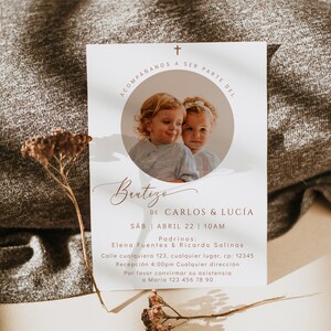 Twins girl and boy baptism neutral invitation in spanish with photo, invitacion bautizo en espanol, invitaciones de bautizo de la foto -C213