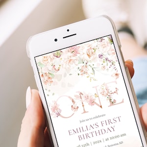 Electronic garden floral birthday girl evite template, announcement spring 1st birthday invite girl, garden first birthday text invite -C134