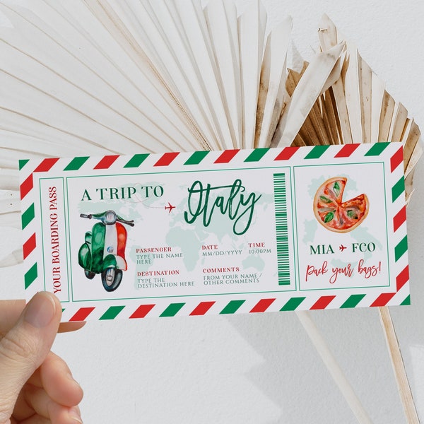 Editable Italy surprise boarding pass gift voucher, vacation ticket printable airline, flight surprise trip ticket travel to Italy fake pass
