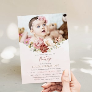 Invitaciones de bautizo niña, invitacion bautizo en espanol, girl baptism invitation in spanish pink floral rose gold, invitacion para niñas