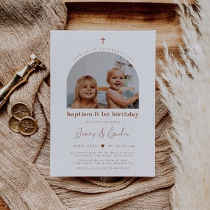 Neutral baptism and first birthday invitation with photo, baptism and 1st birthday twins invitation, baptism 1st birthday template - C214