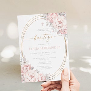 Invitaciones de bautizo niña, invitacion bautizo en espanol, girl baptism invitation in spanish pink floral rose gold, invitacion para niñas