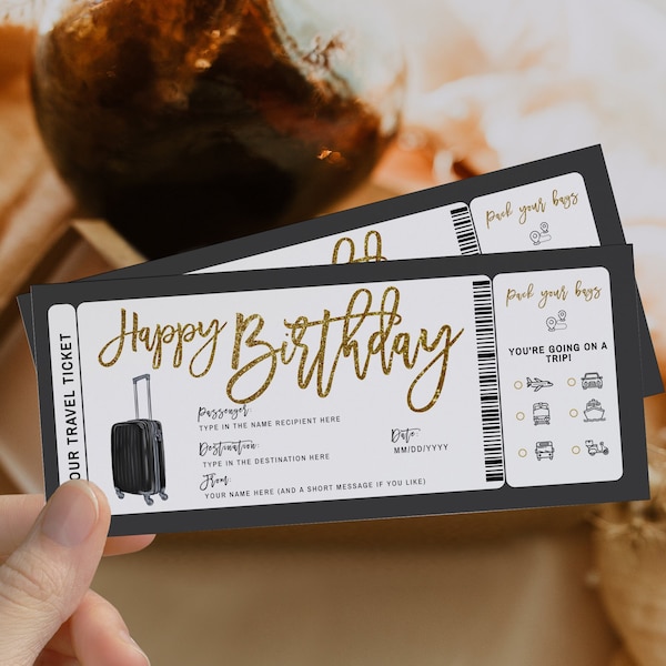 Printable birthday pass template, surprise vacation ticket, surprise ticket gift voucher, reveal gift idea birthday vacation surprise travel