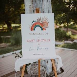Rainbow baby shower welcome poster in spanish decorations, arco iris océano baby shower signo de bienvenida, spanish poster baby shower-C287
