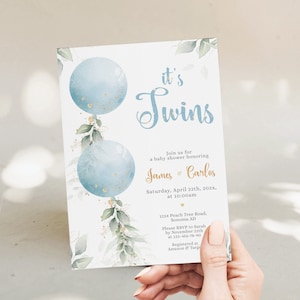 Twins baby shower invitation printable, boy and boy twins invitation template, balloon baby shower blue twin invitation editable - C142